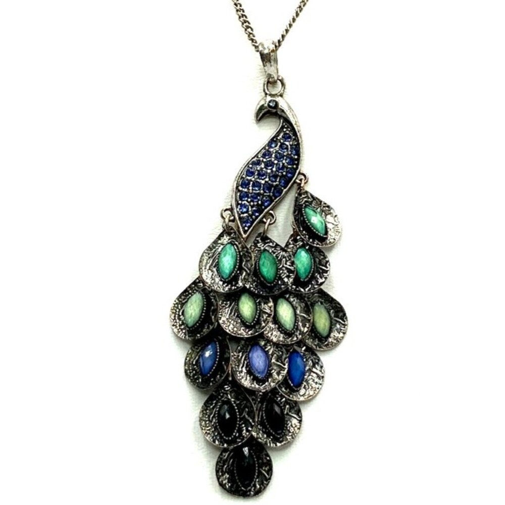 Vintage Peacock Pendant Necklace Silver Tone Blue Green Glass Beads 36 inches